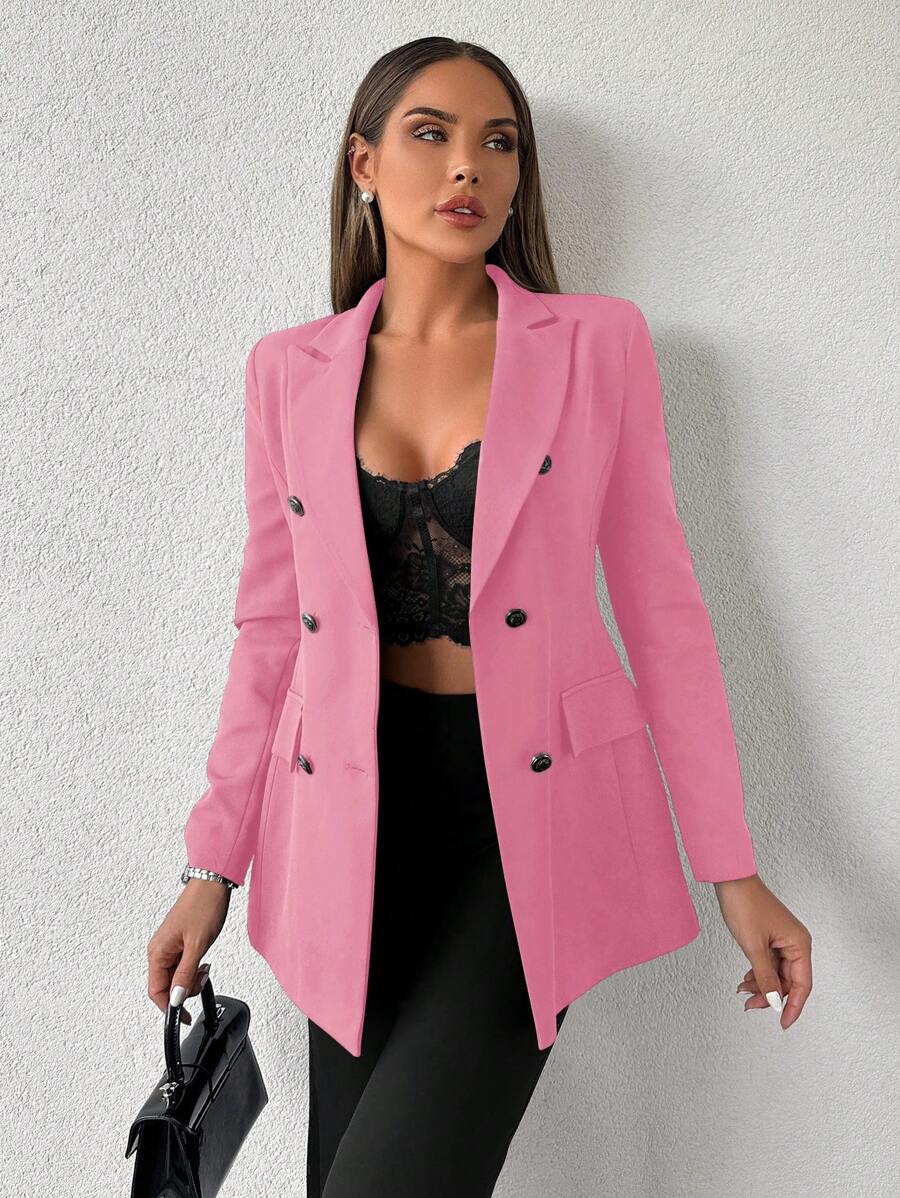 SHEIN Cottnline Women'S Lapel Double-Breasted Blazer Jacket - Pink - View 1