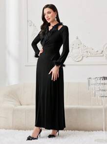 Modelyn Women's Plush Sleeve Cuff Hollow Out Knit Dress Long Evening Dresses