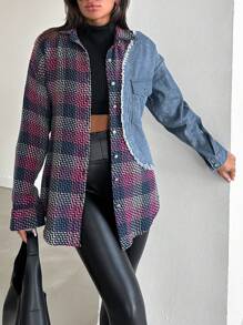 EURMUSE Plaid Notched Lapel Single Breasted Overcoat - Blue - View 3