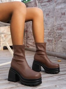 Giày bốt cao gót đế dày thời trang thường ngày cho nữ, giày bốt da màu nâu cổ ngắn - màu nâu - Xem 4