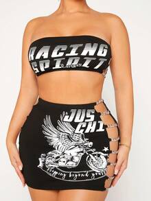 SHEIN SXY 字母圖案抹胸上衣&側邊鏤空半身裙 - 黑與白 - 查看 7