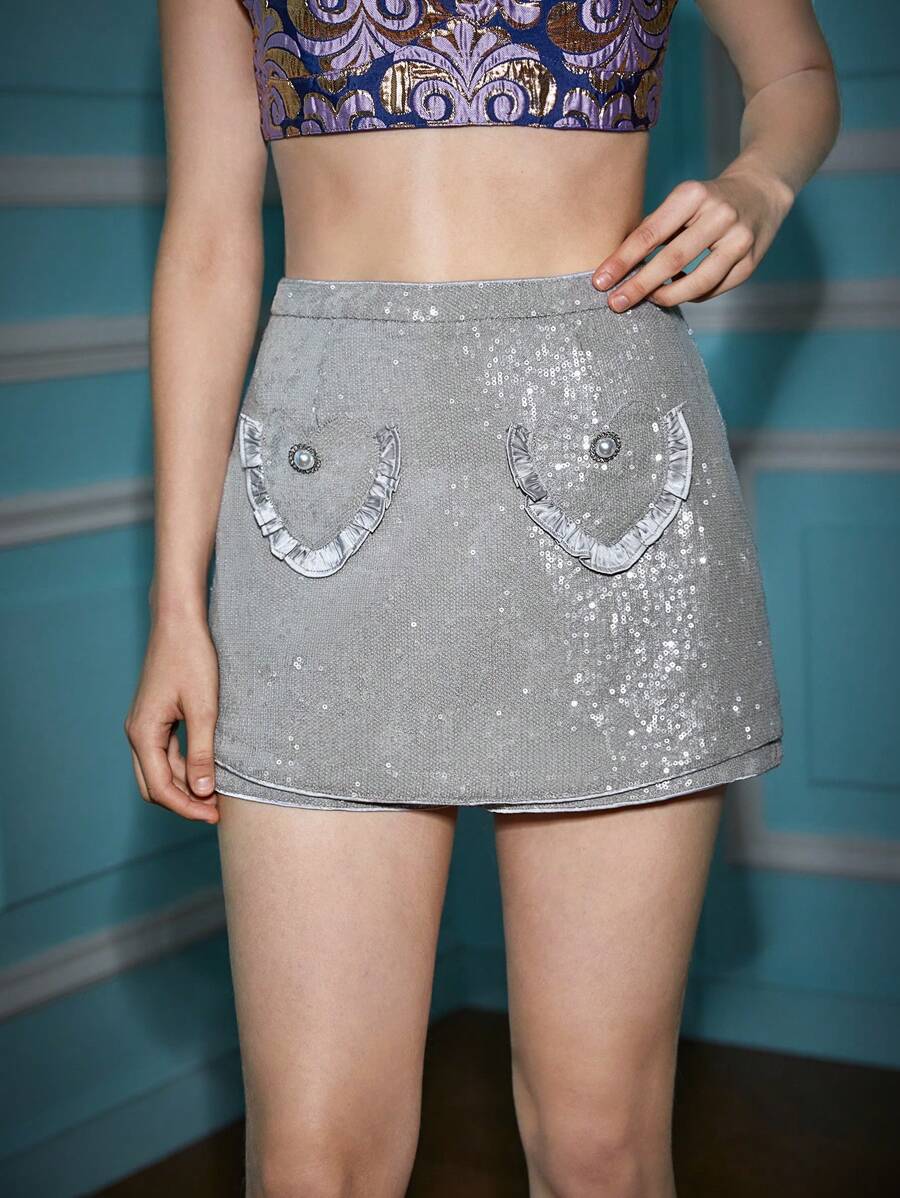 Alice McCall Designer Ruffle Zip Back Glittery Sparkle Sequin Skort, For Summer, Holiday, Festival - Grey - View 1