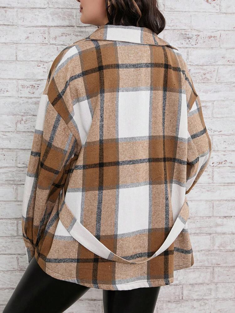 Plus Plaid Print Drop Shoulder Flap Pocket Belted Coat