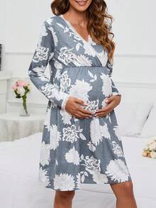 孕婦印花交疊領蕾絲邊睡裙