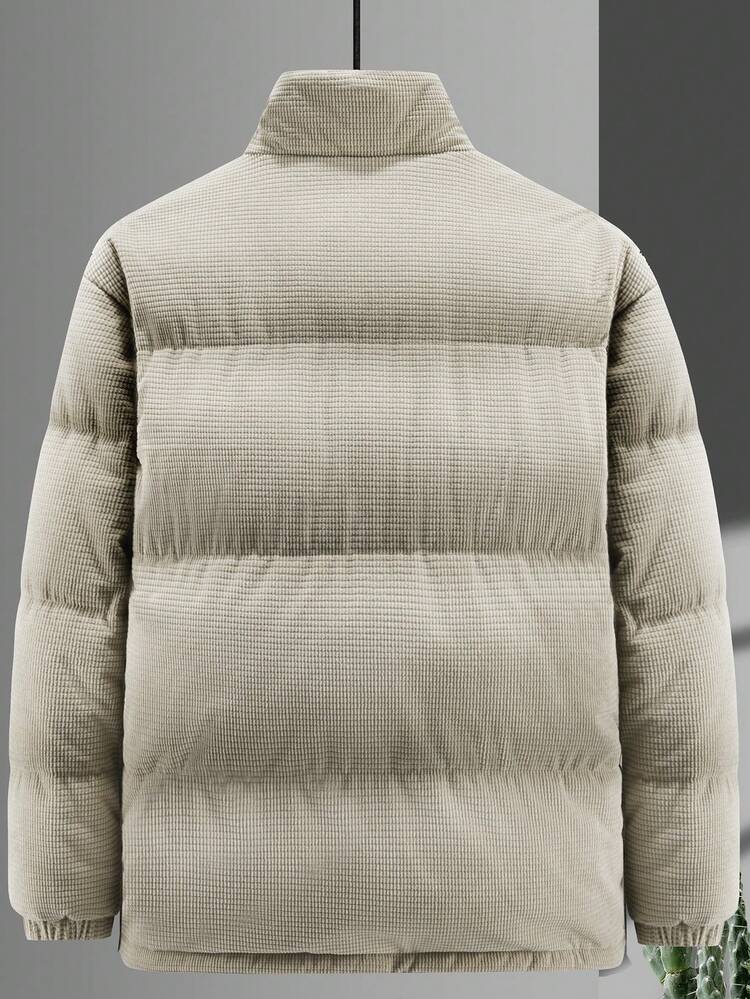 Men's Corduroy Padded Coat With Letter Patchwork & Zip Closure, Loose Fit, No Sweater Included