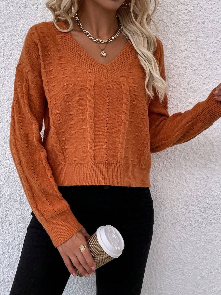 SHEIN Frenchy 休閒女士垂墜肩毛衣 - 橘色 - 查看 1