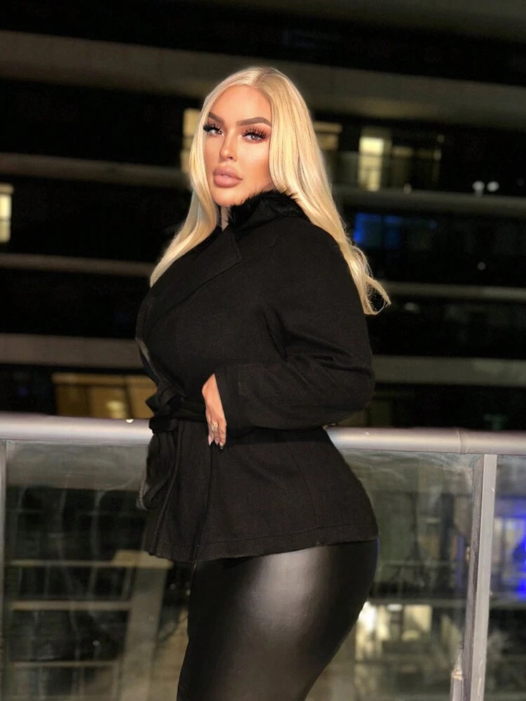 Plus Size Warm Woolen Coat With Fur Collar, Sexy Slim Fit Jacket