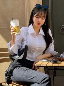 DAZY 女士商务休闲纯色长袖衬衫，适合秋季，长袖上衣，学院风上衣，秋季女装 - 白色 - 查看 11