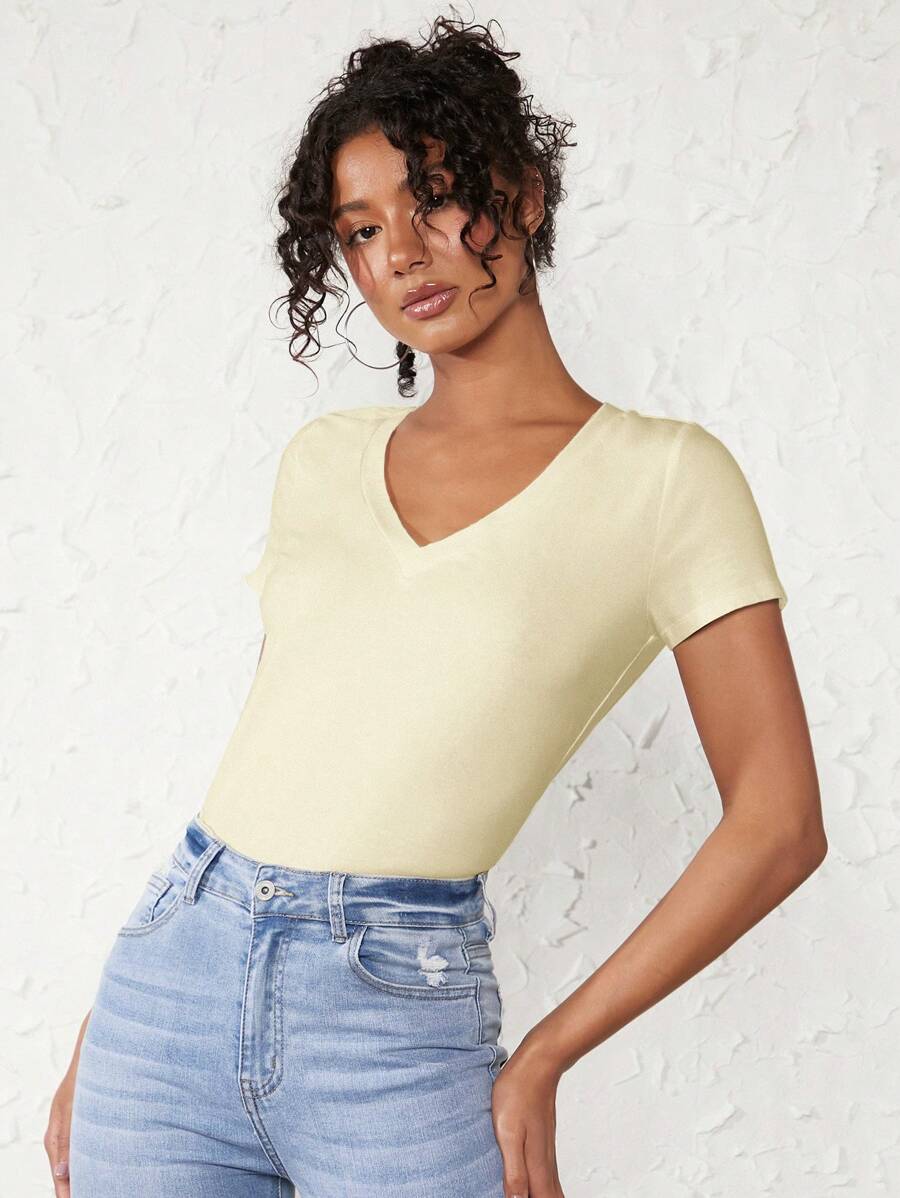 SHEIN BASICS Cổ chữ V Áo phông trơn - Màu be - Xem 1