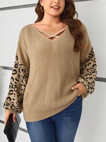 SHEIN LUNE Hơn Hoa văn Báo Mặt trước chéo Thả vai Áo len - màu nâu - Xem 1