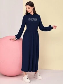 Mulvari Thêu Chữ Sọc trang trí Đàm áo cánh có mũ - Màu xanh hải quân - Xem 3