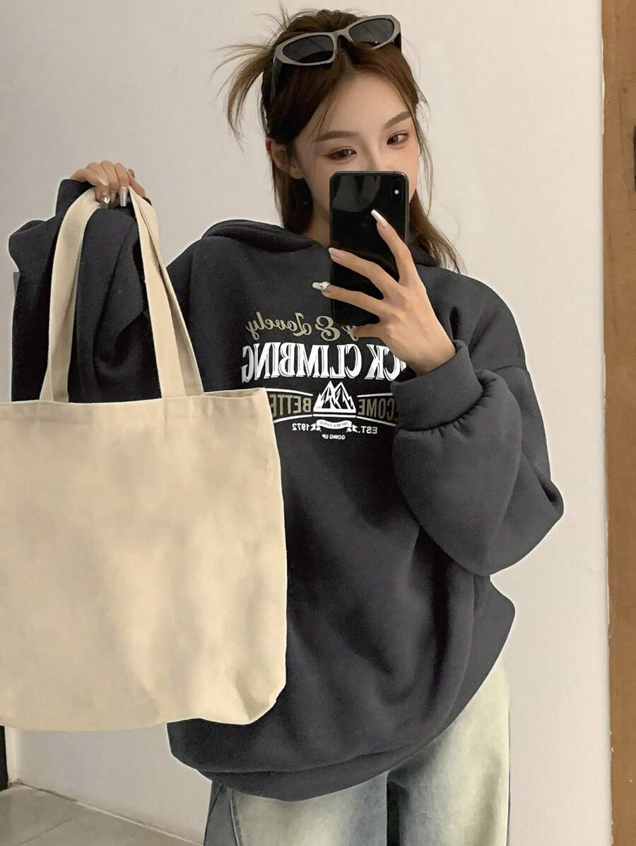 DAZY Letter Graphic Drop Shoulder Oversized Hoodie Sweatshirt - Dark Grey - View 1