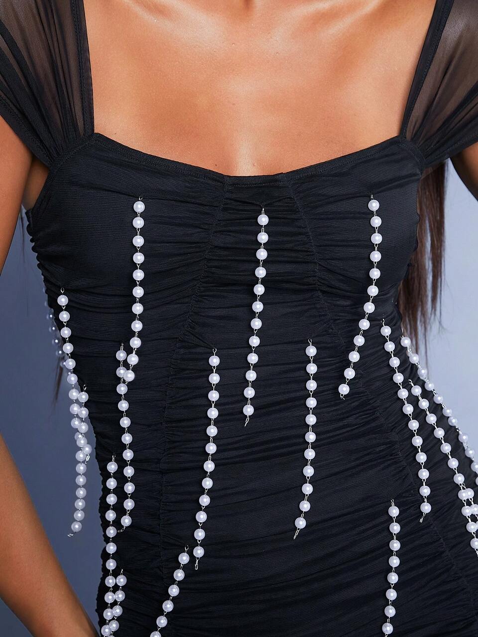 Faux Pearl Ruched Mesh Bodycon Dress