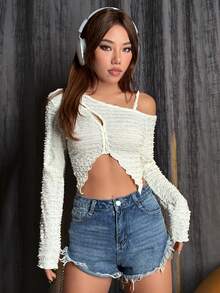 SHEIN Unity 不對稱領鏤空短款T恤 - 黑色 - 查看 4