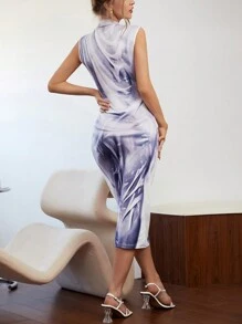 SHEIN Privé Tie Dye Mock Neck Bodycon Dress - White - View 2