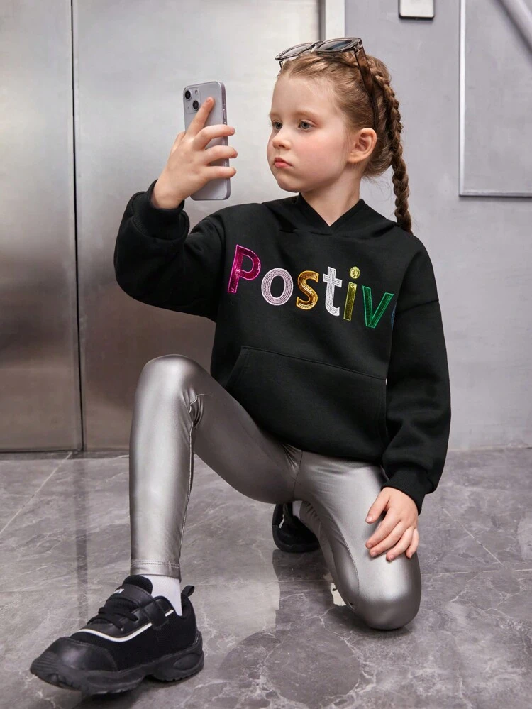 Girls' Casual Hooded Pullover Sweatshirt With Glitter Embroidered Knit