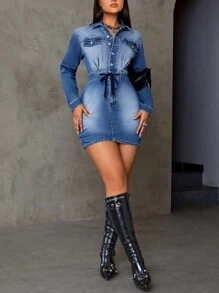 SHEIN Privé Flap Detail Drawstring Waist Ruched Side Denim Dress - Light Wash - View 4