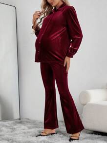 SHEIN Maternity 2pcs/set Solid Color Shirt And Slim Fit Pants - Burgundy - View 4