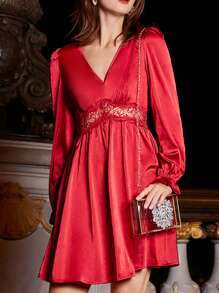 SHEIN Frenchy Guipure Lace Insert Flounce Sleeve Dress - Red - View 1