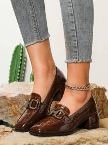 Fall/Winter Women's Square Toe Fashion Loafers, Casual -On Chunky Heel Mules, Elegant - Coffee Brown - View 2