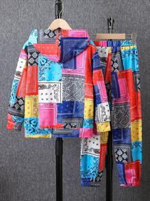 SHEIN Cô gái Tween Paisley In chắp vá Áo Hoodie & Quần thể thao - Nhiều màu - Xem 2