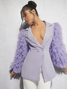 SHEIN BAE 網紗拼接荷葉邊雙排釦前西裝外套 - 紫色 - 查看 5