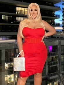 SHEIN SXY Plus Size Sexy Red Ruched Evening Dress - Red - View 3