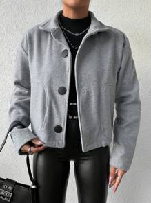 RueChic Solid Button Front Drop Shoulder Coat - Grey - View 3