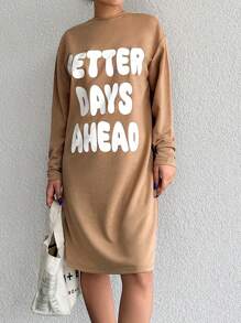 EURMUSE Women's Letter Print Drop Shoulder Dress - Brown - View 1