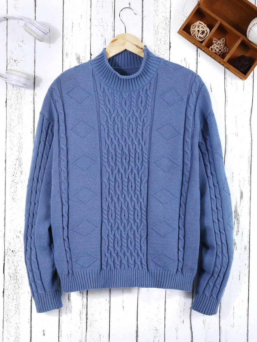 Teen Boy Cable Knit Drop Shoulder Sweater - Blue - View 1