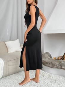 Button Front Split Thigh Lounge Dress - Black - View 2