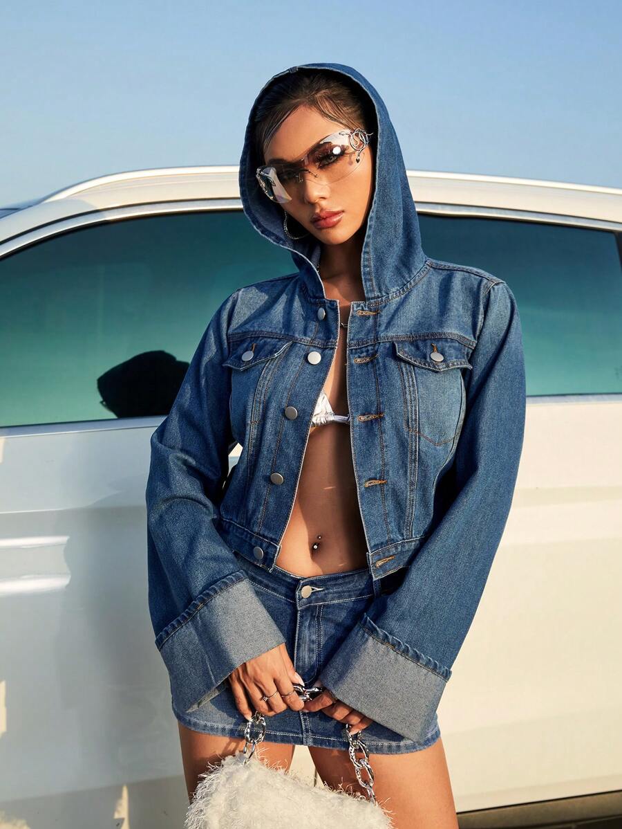 SHEIN ICON Chi tiết về Flap áo có mũ Áo khoác denim - Màu xanh lam - Xem 1