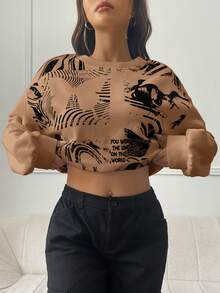 SHEIN EZwear Figure & Slogan Graphic Drop Shoulder Sweatshirt - Brown - View 4