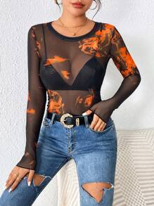 SHEIN Essnce Flame Print Sheer Mesh Top - Orange - View 6