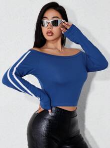 SHEIN Unity 一字肩條紋圖案側短款T恤 - 藍色 - 查看 1