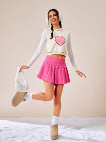 SHEIN EZwear 女款無袖毛衣背心,心型刺繡與褶邊領口細節