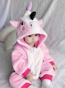 Baby Girl Cartoon 3D Ear Design Hooded Flannel Costume Jumpsuit - Pink - View 1