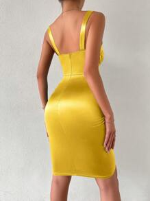 SHEIN Privé Ruched Tulip Hem Satin Cami Dress - Yellow - View 2