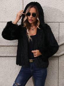 SHEIN LUNE 開門襟毛茸茸外套 - 黑色 - 查看 3