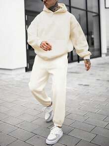 Men Slogan Graphic Kangaroo Pocket Hoodie - Apricot - View 3