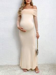 SHEIN Pregnant Women Off-Shoulder Fishtail Baby Shower Dress For Maternity - Apricot - View 2
