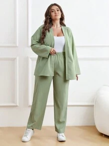 SHEIN LUNE 大碼落肩袖襯衫和褲子 - 薄荷綠 - 查看 4