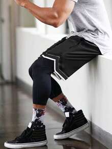 男士条纹边饰二合一运动裤，带手机口袋，休闲运动裤 - 黑與白 - 查看 3