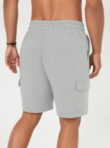 RueChic Men Flap Pocket Side Drawstring Waist Shorts - Grey - View 2