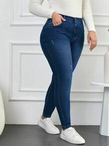 RueChic Plus Size  High Waist Stretch Skinny Jeans With Washed Finish - Medium Wash - View 4