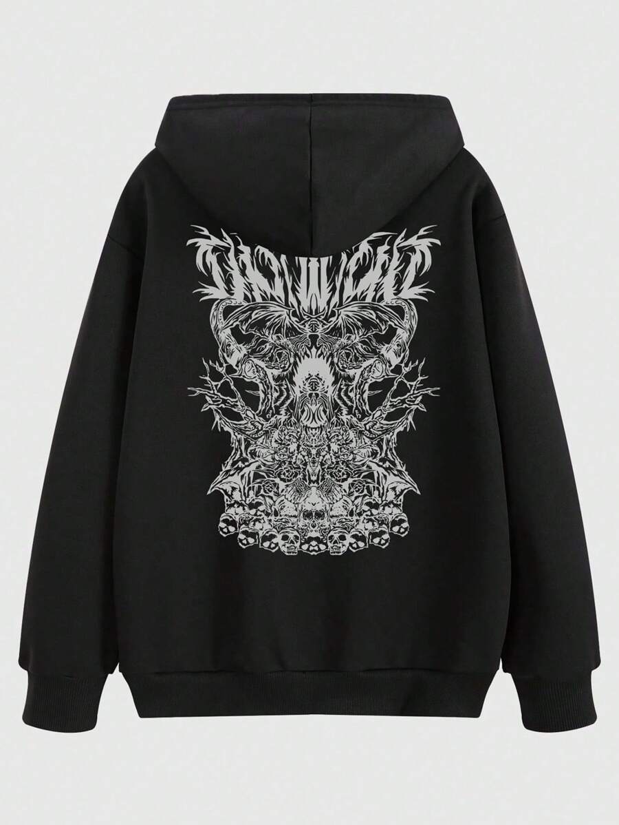 ROMWE Grunge Punk Graphic Drop Shoulder Hoodie - Black - View 1