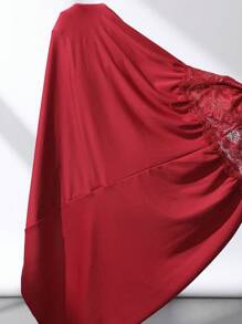 SHEIN 对比色蕾丝吊带睡衣 - 酒紅色 - 查看 7