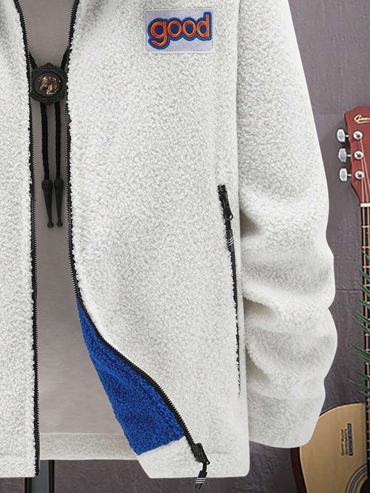 Loose Fit Men's Hooded Teddy Jacket With Letter Patch