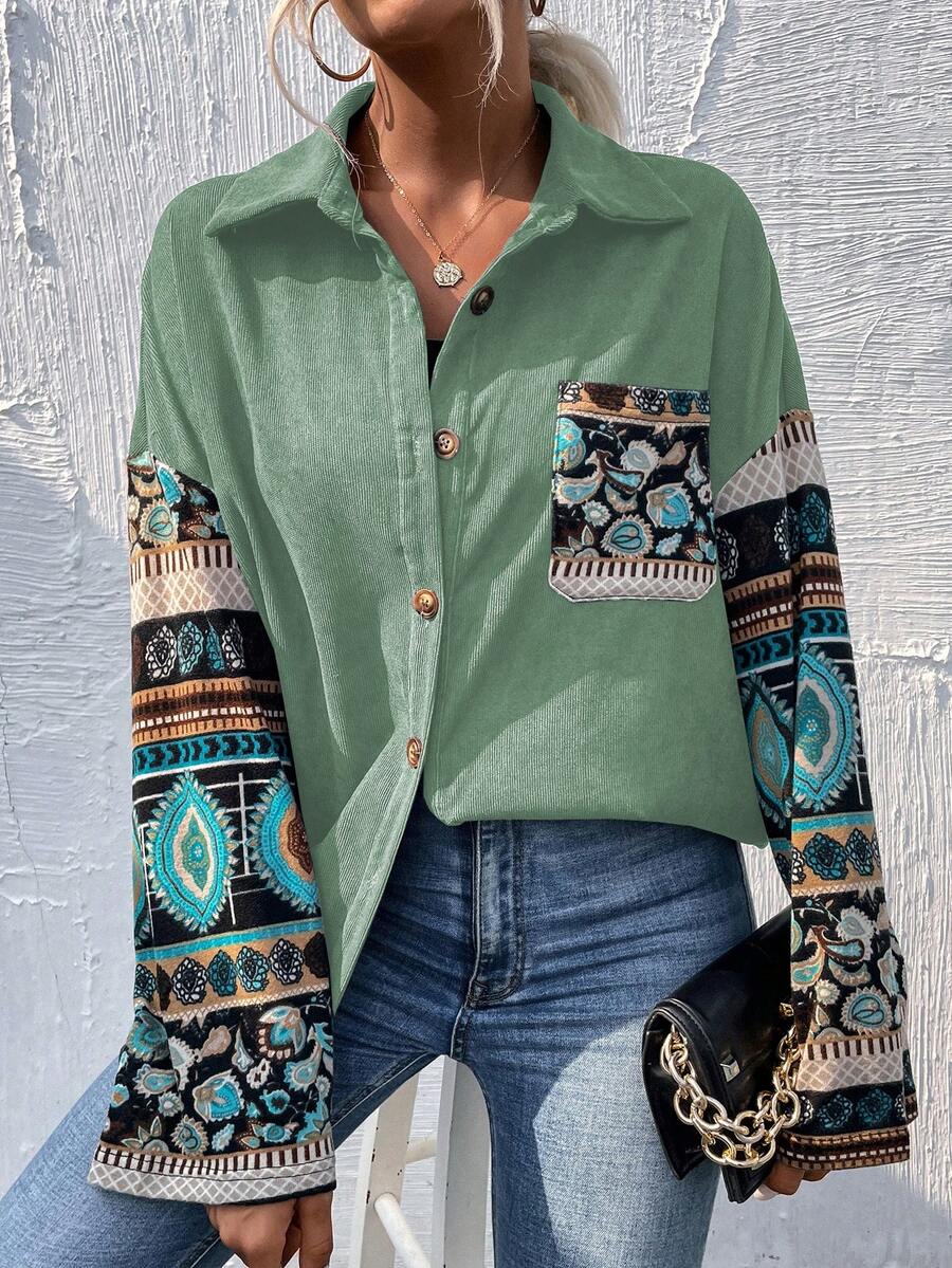 SHEIN LUNE In Thực vật Thả vai Đã vá Túi Áo khoác vải nhung - Màu xanh Bạc hà - Xem 1