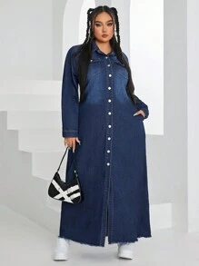 SHEIN EZwear Hơn Túi có nắp Raw Hem Đầm Denim - Rửa tối - Xem 5